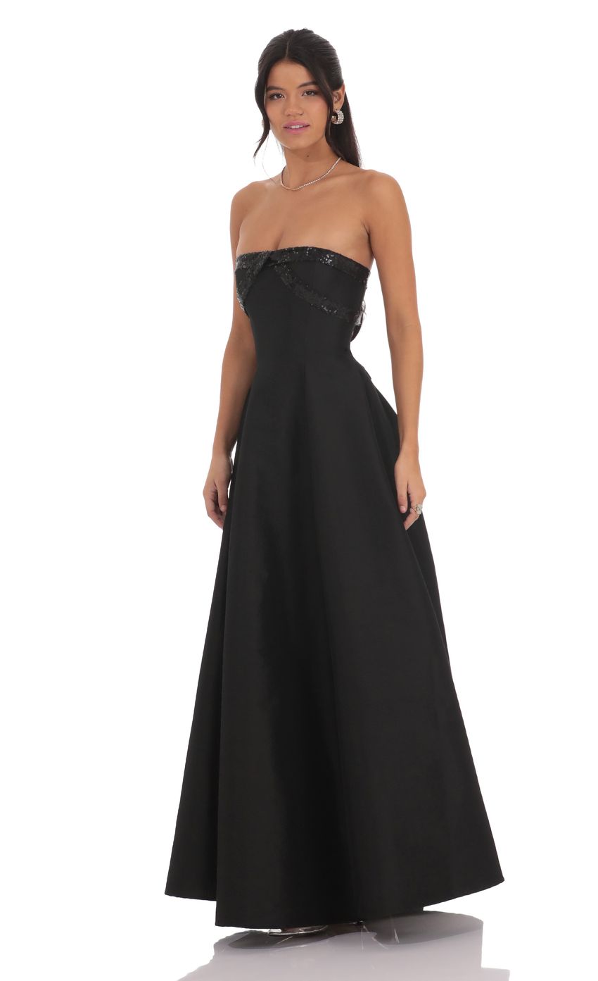 Elegant Strapless Black Satin Evening Dress with Sequin Bodice & Lace-Up Back