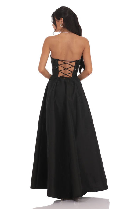 Elegant Strapless Black Satin Evening Dress with Sequin Bodice & Lace-Up Back