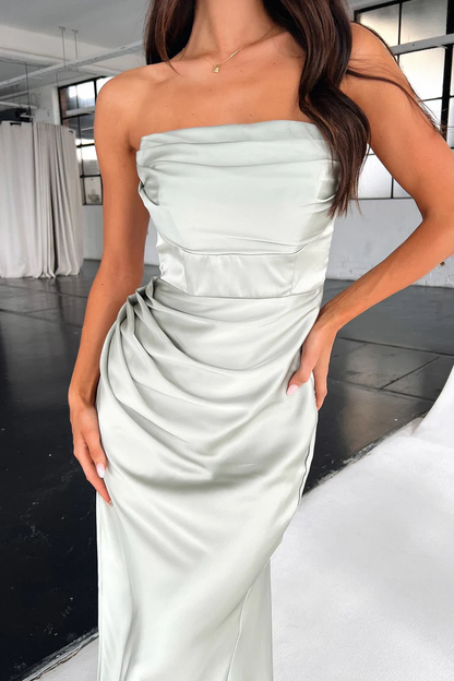 Elegant Strapless Draped Satin Ruched Waist High Slit Maxi Evening Dress