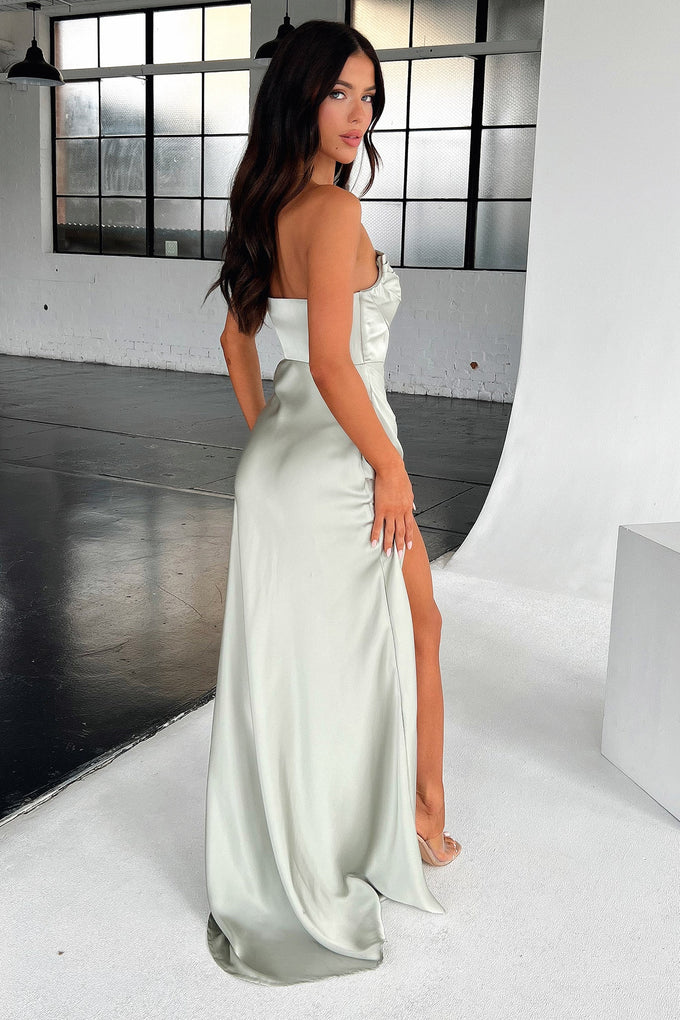 Elegant Strapless Draped Satin Ruched Waist High Slit Maxi Evening Dress
