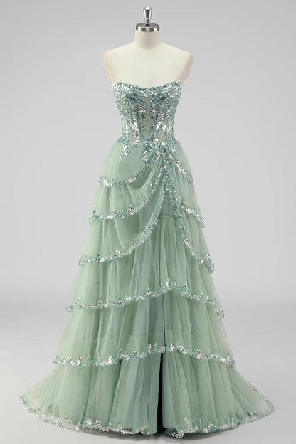 Elegant Strapless Lace Appliqué Prom Dresses with Tiered Tulle Skirt and Lace-Up Back