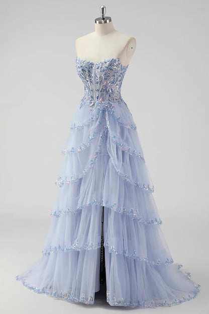 Elegant Strapless Lace Appliqué Prom Dresses with Tiered Tulle Skirt and Lace-Up Back