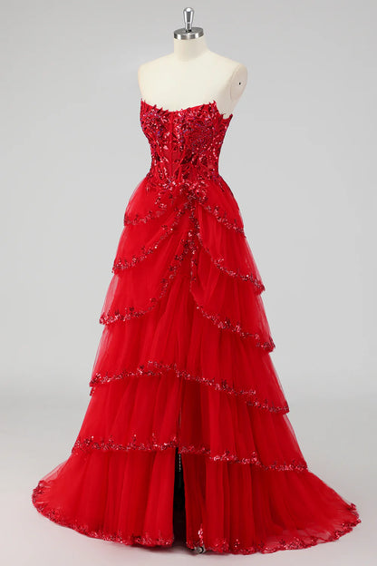 Elegant Strapless Lace Appliqué Prom Dresses with Tiered Tulle Skirt and Lace-Up Back