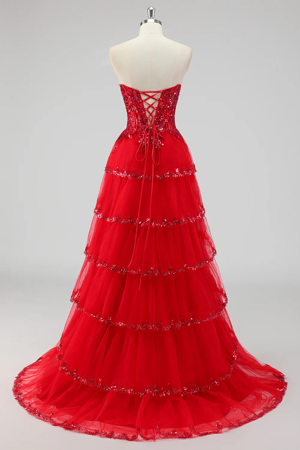 Elegant Strapless Lace Appliqué Prom Dresses with Tiered Tulle Skirt and Lace-Up Back