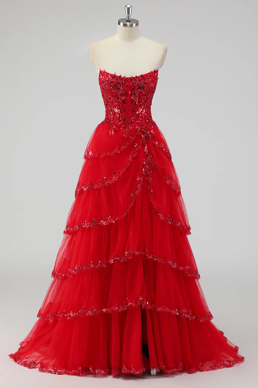 Elegant Strapless Lace Appliqué Prom Dresses with Tiered Tulle Skirt and Lace-Up Back