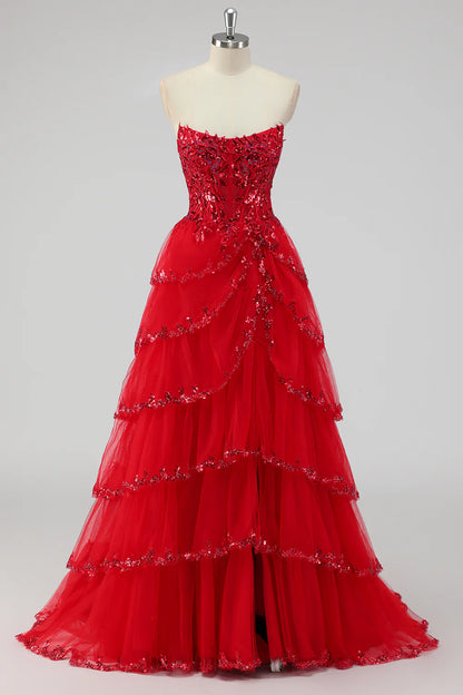 Elegant Strapless Lace Appliqué Prom Dresses with Tiered Tulle Skirt and Lace-Up Back