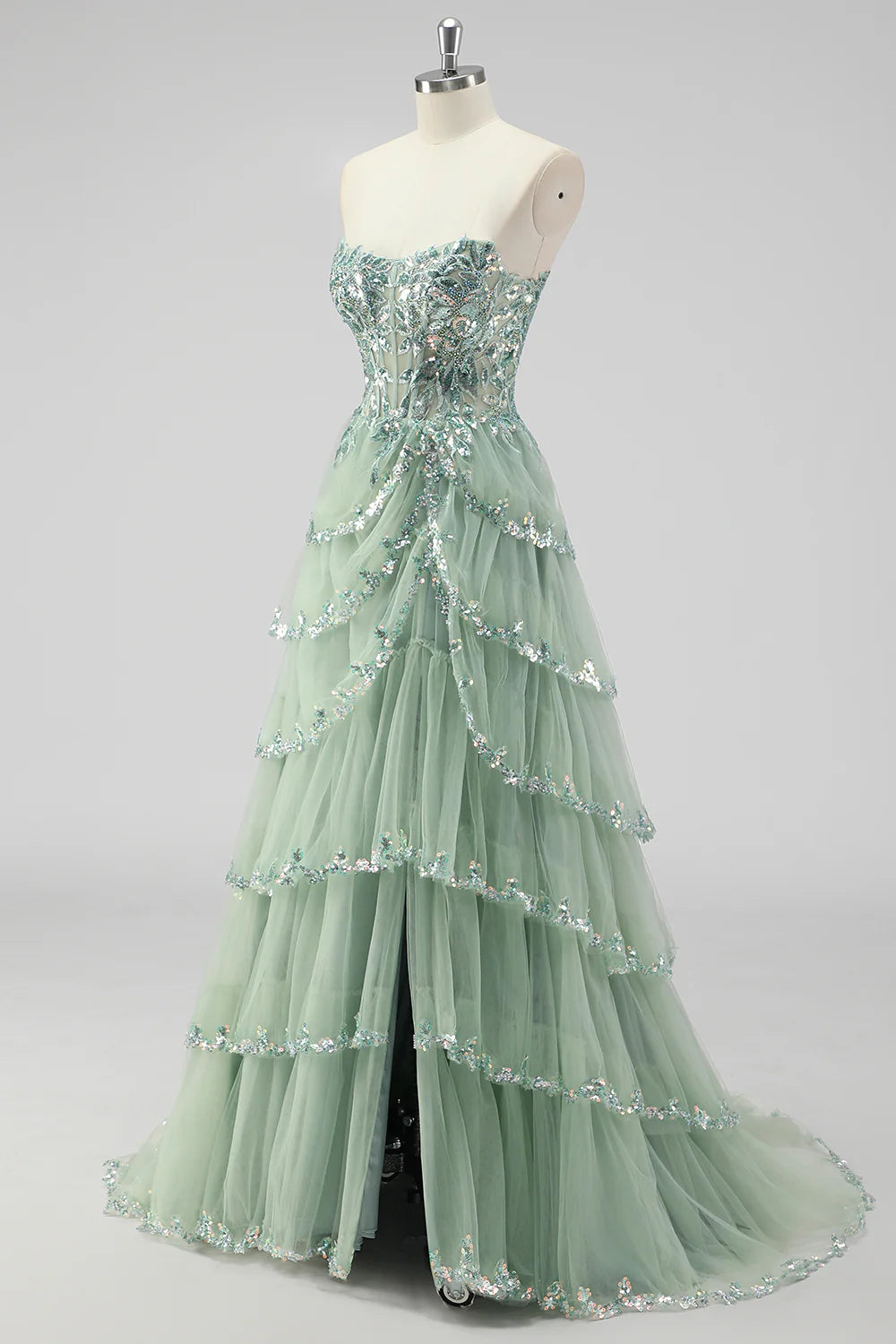 Elegant Strapless Lace Appliqué Prom Dresses with Tiered Tulle Skirt and Lace-Up Back