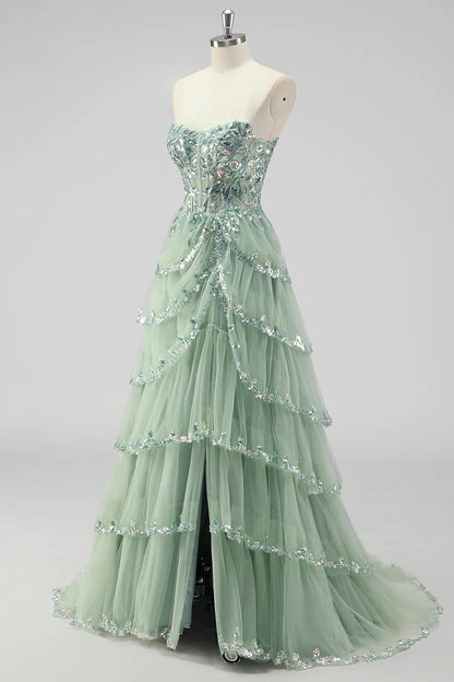 Elegant Strapless Lace Appliqué Prom Dresses with Tiered Tulle Skirt and Lace-Up Back