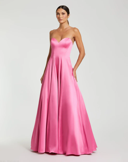 Elegant Strapless Satin Sweetheart Neck Bow Back A-Line Floor-Length Evening Dress