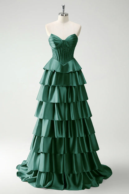 Elegant Strapless Sweetheart Beaded Corset Tiered Ruffled Satin Prom Dresses with Sweeping Train