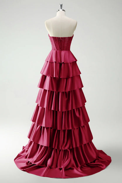 Elegant Strapless Sweetheart Beaded Corset Tiered Ruffled Satin Prom Dresses with Sweeping Train