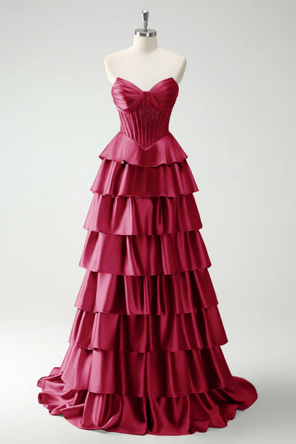 Elegant Strapless Sweetheart Beaded Corset Tiered Ruffled Satin Prom Dresses with Sweeping Train