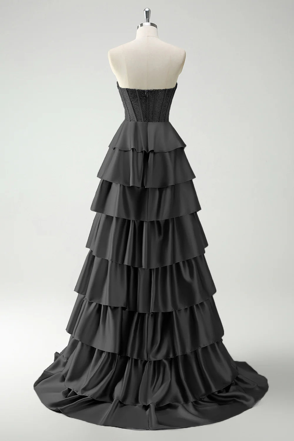 Elegant Strapless Sweetheart Beaded Corset Tiered Ruffled Satin Prom Dresses with Sweeping Train