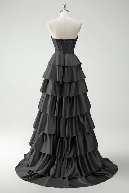 Elegant Strapless Sweetheart Beaded Corset Tiered Ruffled Satin Prom Dresses with Sweeping Train