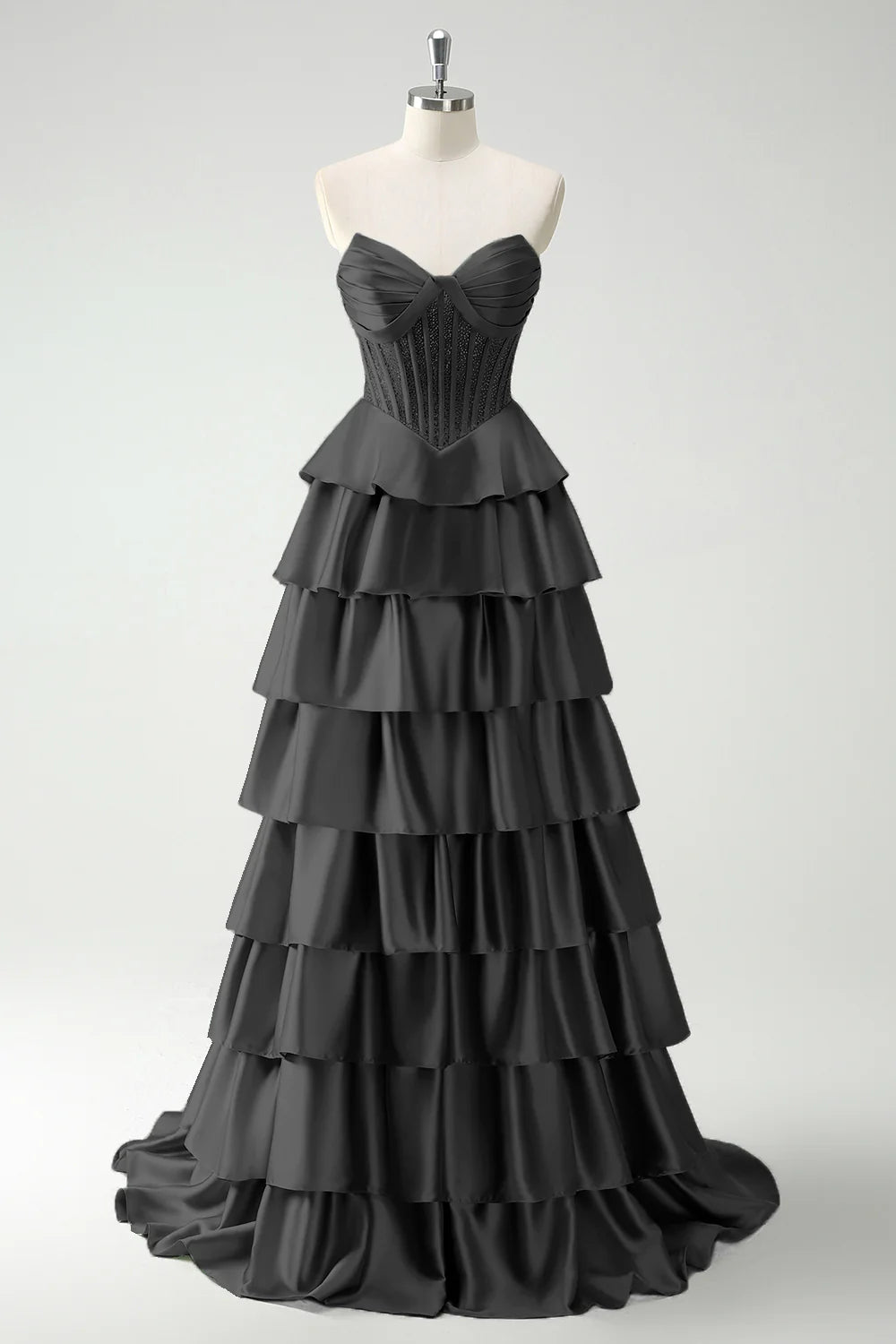 Elegant Strapless Sweetheart Beaded Corset Tiered Ruffled Satin Prom Dresses with Sweeping Train