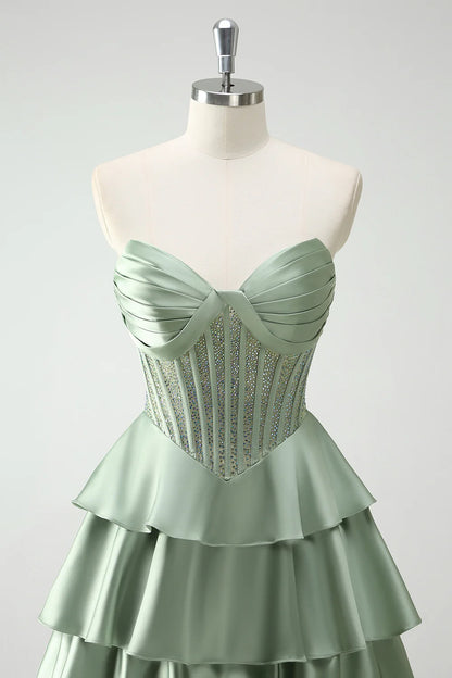 Elegant Strapless Sweetheart Beaded Corset Tiered Ruffled Satin Prom Dresses with Sweeping Train