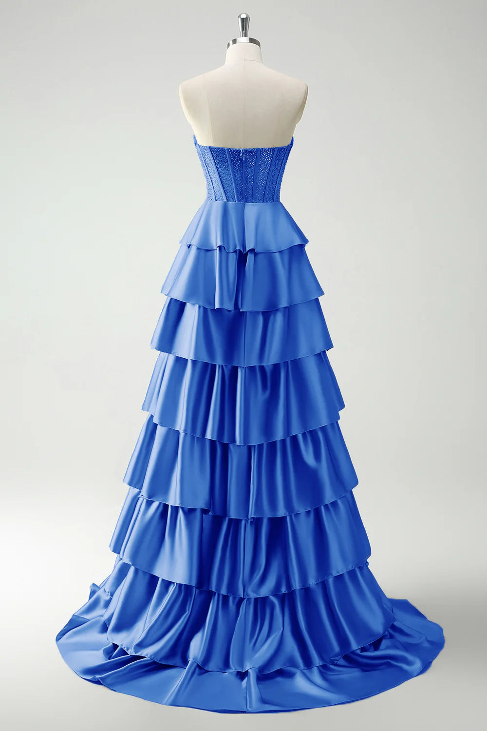 Elegant Strapless Sweetheart Beaded Corset Tiered Ruffled Satin Prom Dresses with Sweeping Train