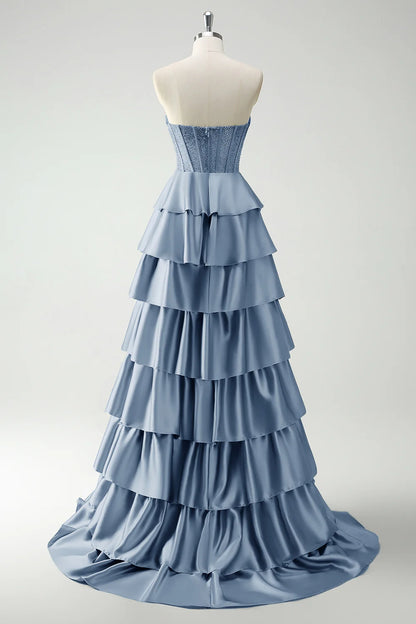 Elegant Strapless Sweetheart Beaded Corset Tiered Ruffled Satin Prom Dresses with Sweeping Train