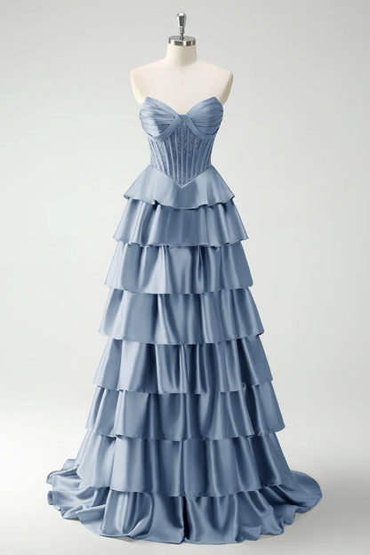 Elegant Strapless Sweetheart Beaded Corset Tiered Ruffled Satin Prom Dresses with Sweeping Train