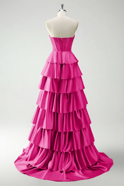 Elegant Strapless Sweetheart Beaded Corset Tiered Ruffled Satin Prom Dresses with Sweeping Train