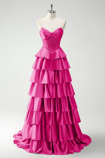 Elegant Strapless Sweetheart Beaded Corset Tiered Ruffled Satin Prom Dresses with Sweeping Train