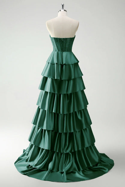 Elegant Strapless Sweetheart Beaded Corset Tiered Ruffled Satin Prom Dresses with Sweeping Train