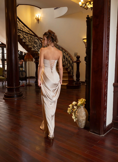 Elegant Strapless Sweetheart Corset-Back Ruched-Waist Floor-Length Satin Evening Dress