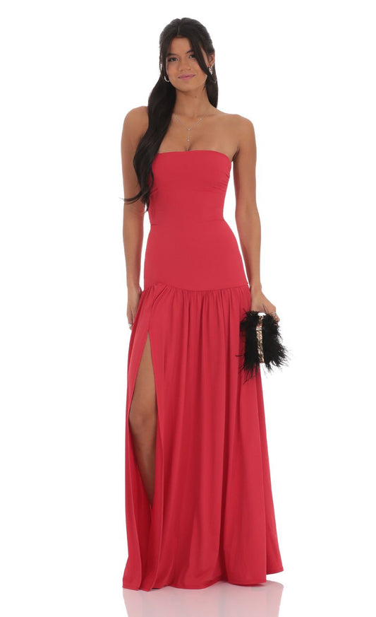 Elegant Strapless Sweetheart Neck Tiered Ruffle Maxi Evening Dress with High Slit