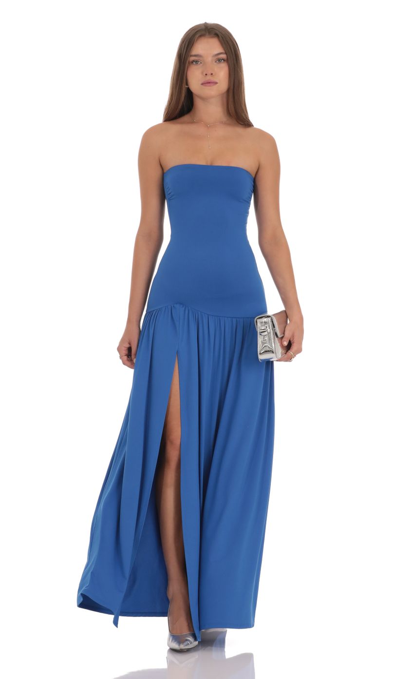 Elegant Strapless Sweetheart Neck Tiered Ruffle Maxi Evening Dress with High Slit