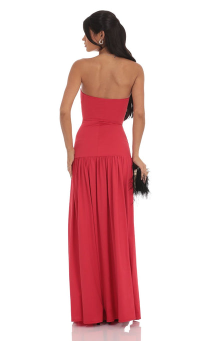 Elegant Strapless Sweetheart Neck Tiered Ruffle Maxi Evening Dress with High Slit