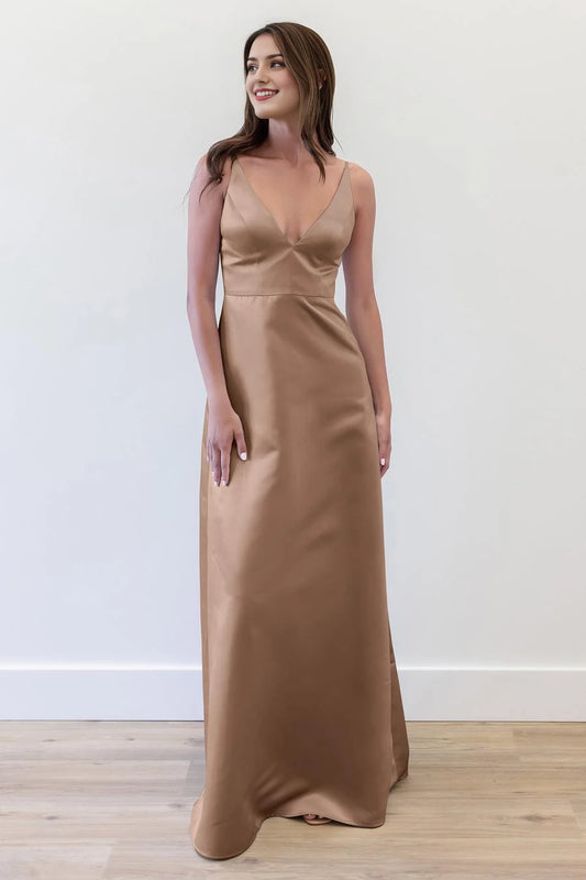 Elegant Tan Deep V-Neck Sleeveless Spaghetti Strap Satin Floor-Length Evening Dress