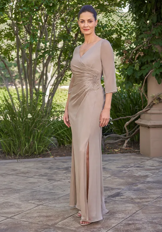 Elegant Taupe Chiffon Mermaid V-Neck 3/4 Sleeve Beaded Floor-Length Mother of the Bride Dress