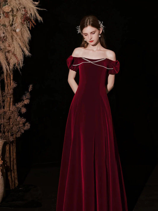 Elegant Vintage Fitted A-Line Off-the-Shoulder Puff Sleeve Back Lace-Up Floor-Length Prom Dresses