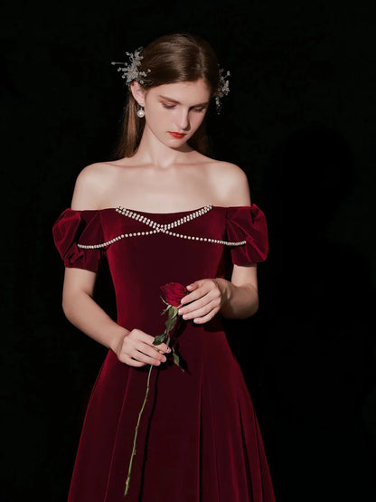 Elegant Vintage Fitted A-Line Off-the-Shoulder Puff Sleeve Back Lace-Up Floor-Length Prom Dresses
