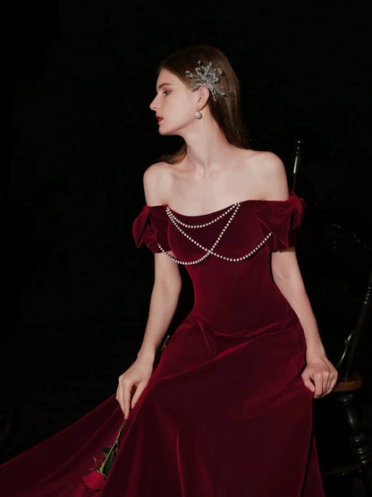 Elegant Vintage Fitted A-Line Off-the-Shoulder Puff Sleeve Back Lace-Up Floor-Length Prom Dresses