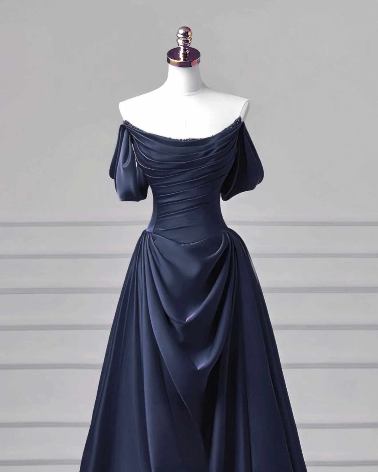 Elegant Vintage Fitted A-Line Off-the-Shoulder Puff Sleeve Back Lace-Up Floor-Length Prom Dresses