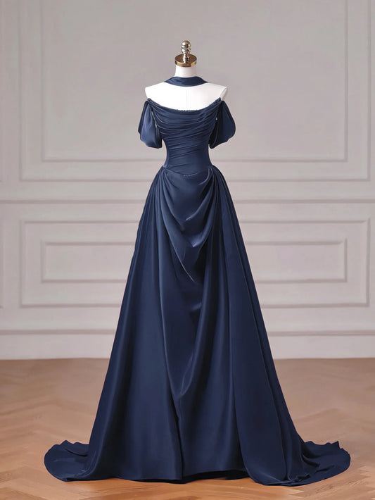 Elegant Vintage Fitted A-Line Off-the-Shoulder Puff Sleeve Back Lace-Up Floor-Length Prom Dresses