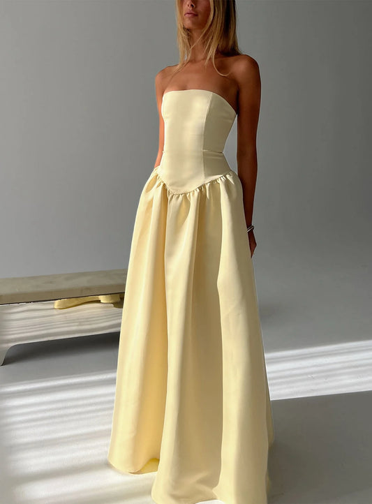 Elegant Voluminous Strapless Straight Neck Sleeveless Open Back Pocketed Maxi Evening Dress