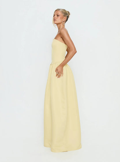 Elegant Voluminous Strapless Straight Neck Sleeveless Open Back Pocketed Maxi Evening Dress
