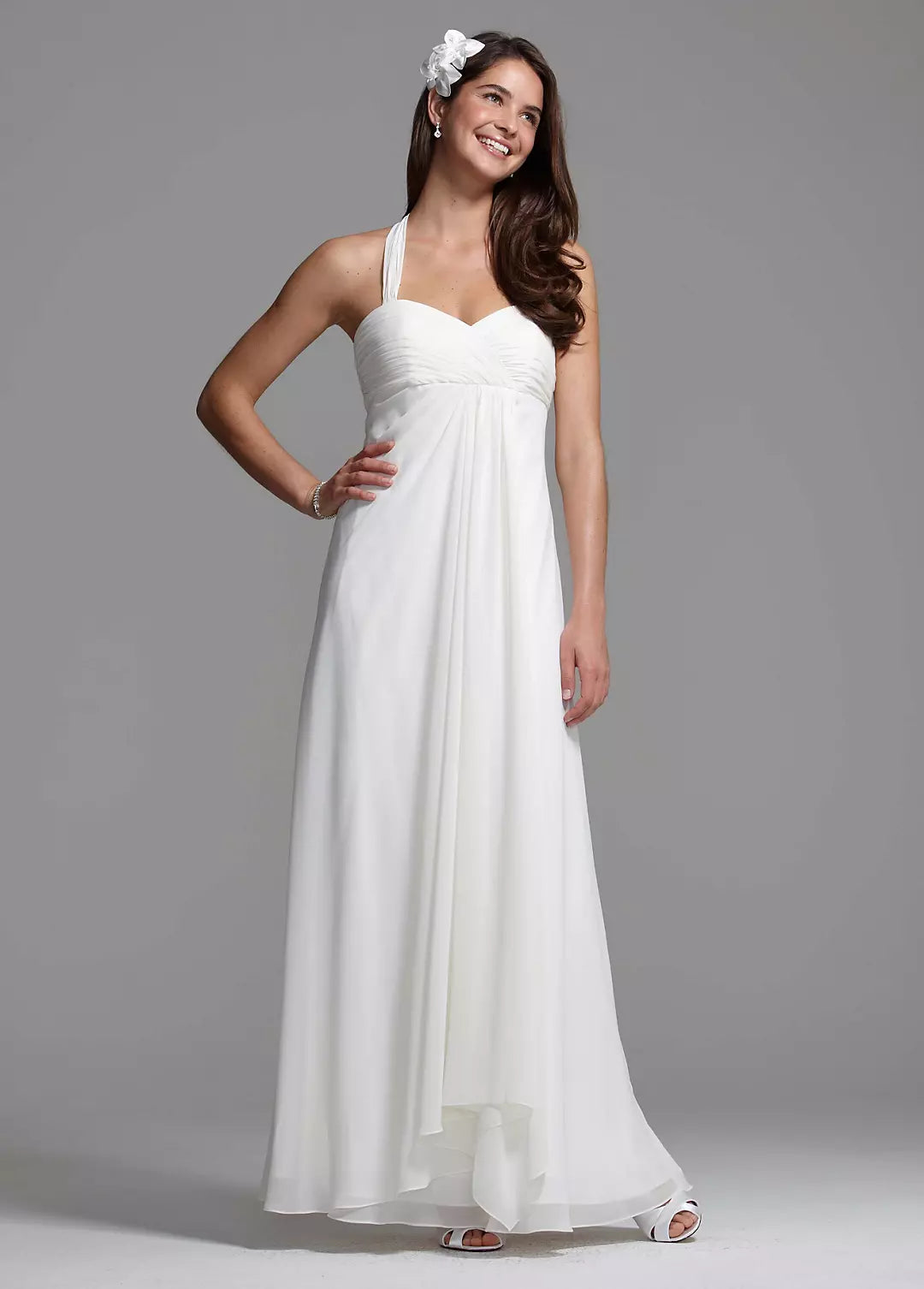 Elegant White Chiffon Halter Sweetheart Ruched Empire Waist Long Tie Back Floor Length Wedding Dresses