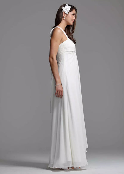 Elegant White Chiffon Halter Sweetheart Ruched Empire Waist Long Tie Back Floor Length Wedding Dresses