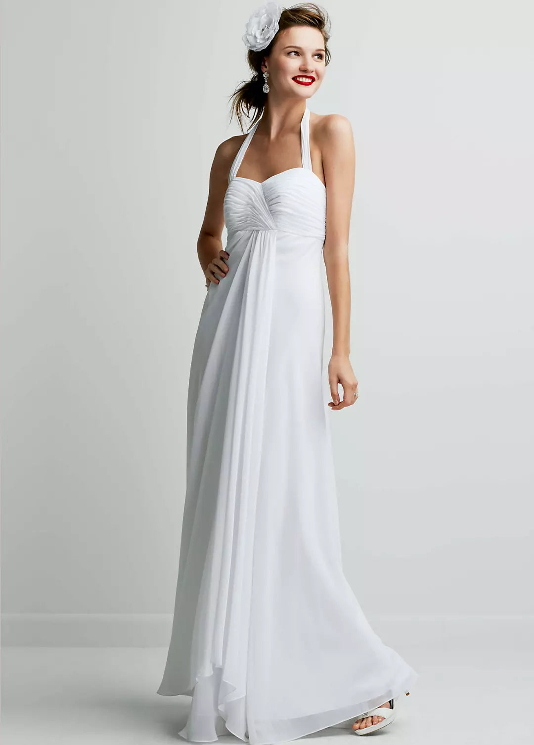 Elegant White Chiffon Halter Sweetheart Ruched Empire Waist Long Tie Back Floor Length Wedding Dresses