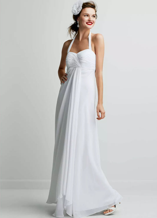 Elegant White Chiffon Halter Sweetheart Ruched Empire Waist Long Tie Back Floor Length Wedding Dresses
