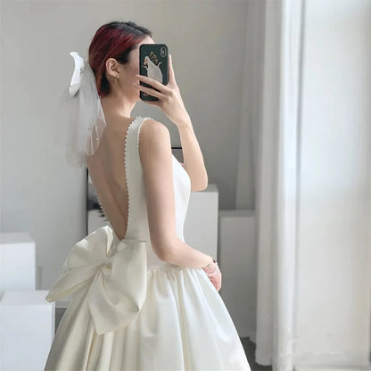 Elegant A-Line Boat-Neck Sleeveless Backless Bow Ivory Midi Evening Dresses Women Gown