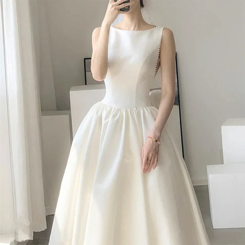 Elegant A-Line Boat-Neck Sleeveless Backless Bow Ivory Midi Evening Dresses Women Gown