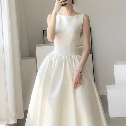 Elegant A-Line Boat-Neck Sleeveless Backless Bow Ivory Midi Evening Dresses Women Gown