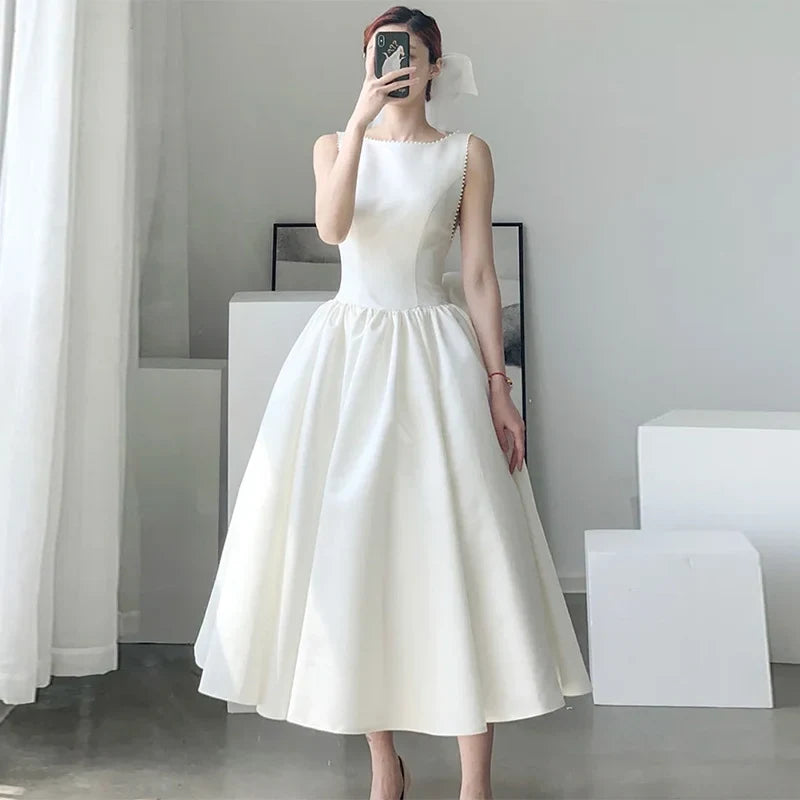 Elegant A-Line Boat-Neck Sleeveless Backless Bow Ivory Midi Evening Dresses Women Gown
