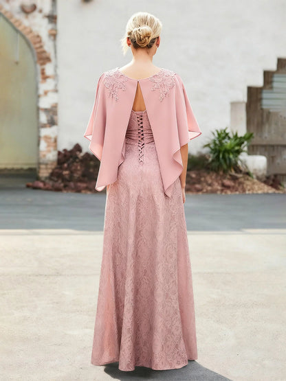 Elegant A-Line Boat Neck Cape Sleeve Lace Appliques Floor-Length Chiffon Mother Of The Bride Dress