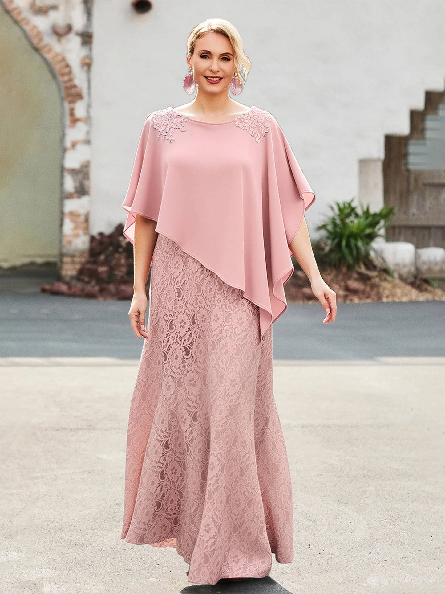 Elegant A-Line Boat Neck Cape Sleeve Lace Appliques Floor-Length Chiffon Mother Of The Bride Dress