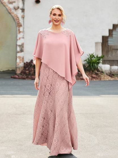 Elegant A-Line Boat Neck Cape Sleeve Lace Appliques Floor-Length Chiffon Mother Of The Bride Dress